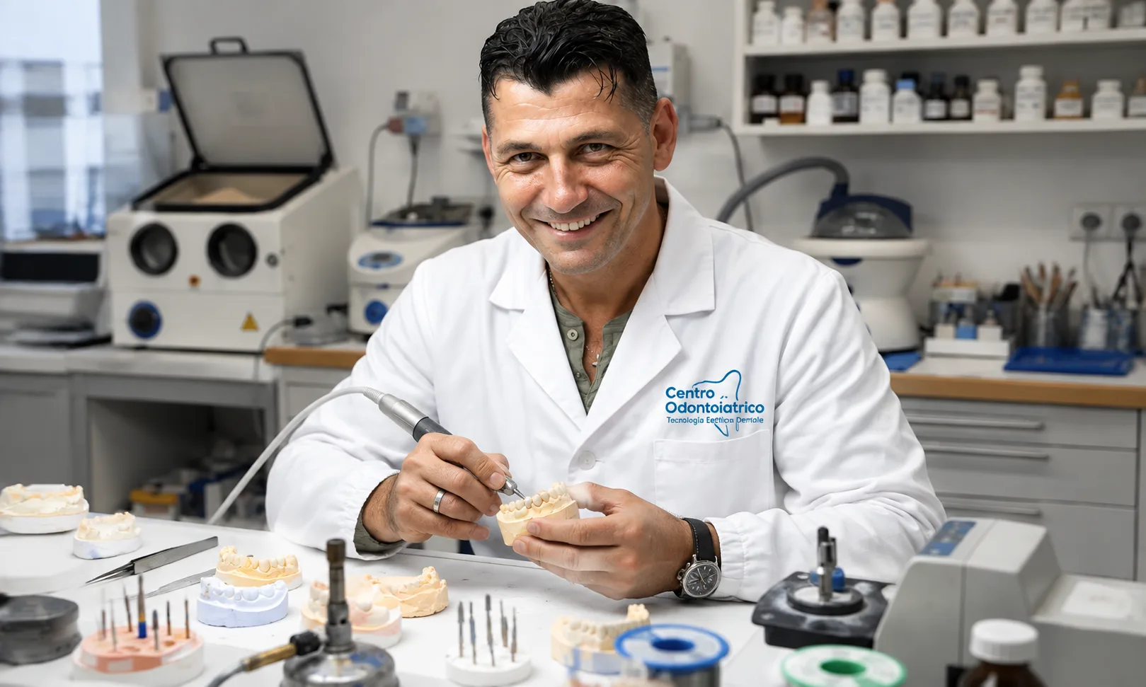 Roberto D'Alessio, odontotecnico, al lavoro nel laboratorio interno del Centro TED